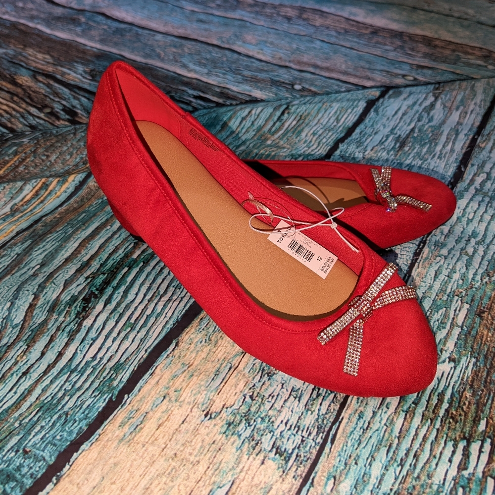 Torrid Red Velvet Flat Shoes with Rhinestone Bow - Picture 2 of 5